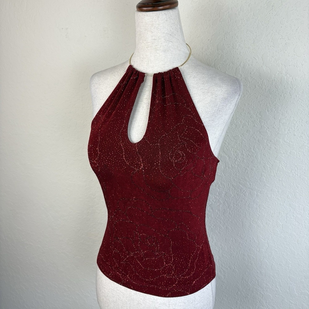 Y2K Vintage Halter Top FormulaX Size M Party Glitter Red Floral Fairy Goth 2000s
